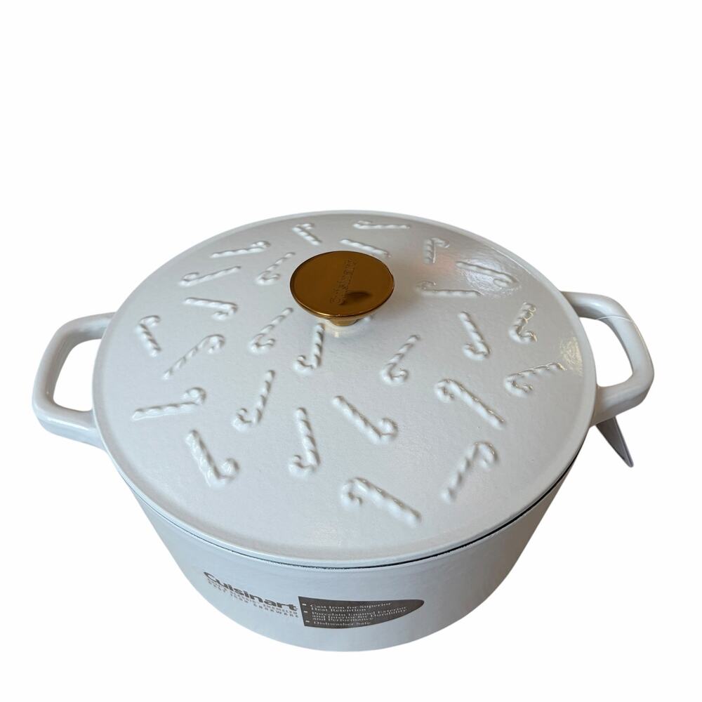 Cuisinart CANDY CANE Cast-Iron Enameled Dutch Oven 5 QT White Casserole NEW